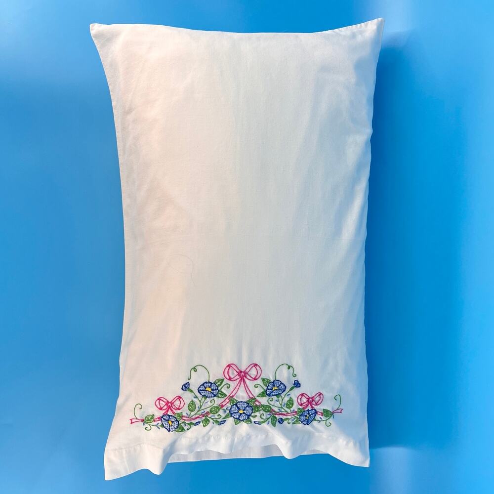 Vintage Cottagecore Embroidered Pillowcase Cottage Floral Embroidery